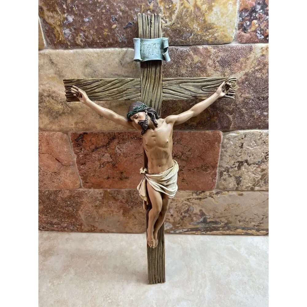 Religious Wall Crucifix Jesus Christ on Cross Faux Wood Grain Catholic Decor